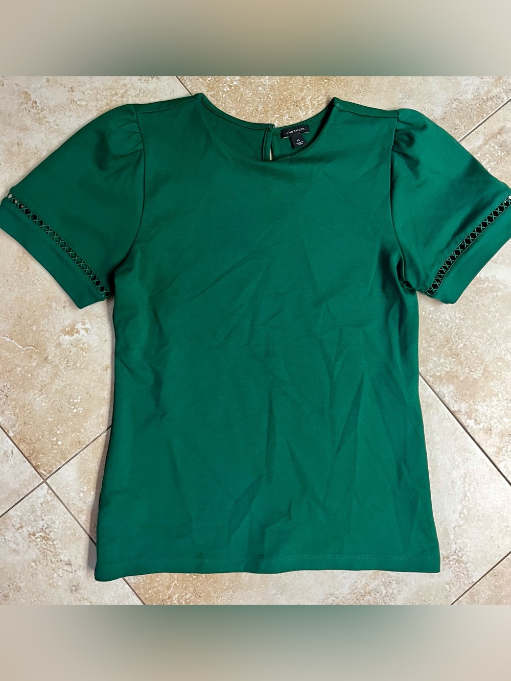 Ann Taylor Emerald Green Short Sleeve Knit Top with Eyelet Trim